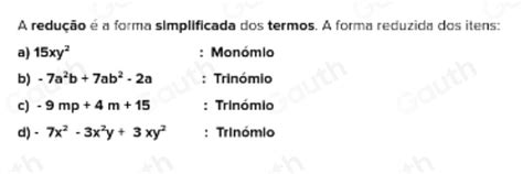 Solved Reduza Os Termos Semelhantes Nas Express Es Alg Bricas A