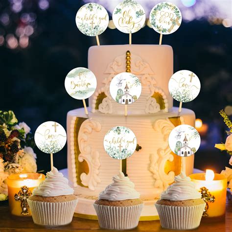 Snapklik 48 Pcs Greenery Baptism Cupcake Toppers God Bless Cross