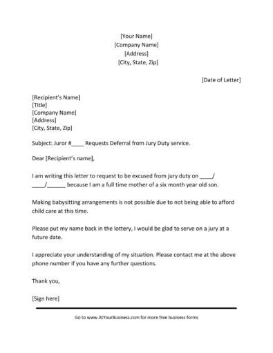 Sample Jury Duty Excuse Letter For Primary Caregiver