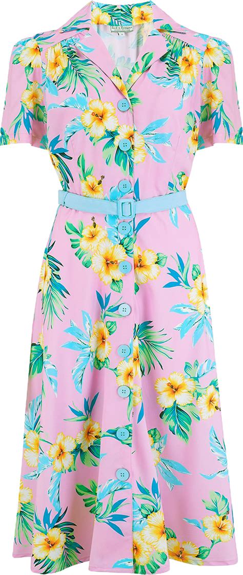 Rocknromance Charlene Hibiskus Hawaiian Kurzarm Dress Kleid Rosa