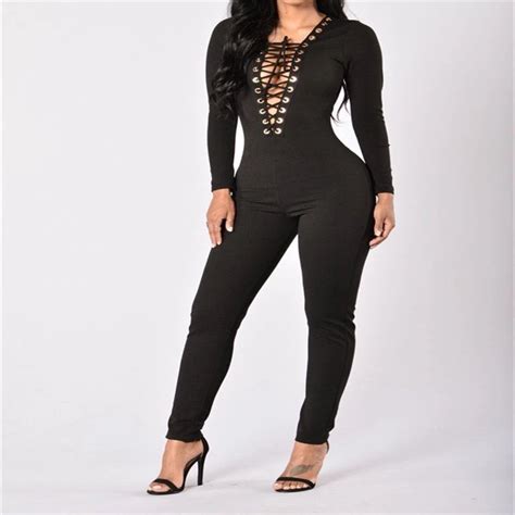 Deep V Neck Skinny Sexy Lace Up Jumpsuit Long Sleeve Black Romper Women