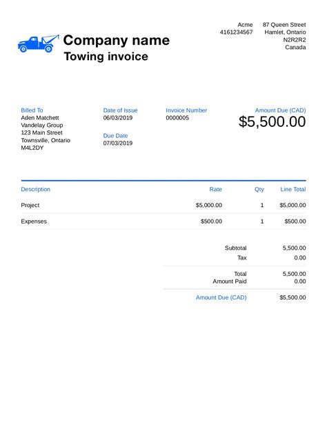 Free Towing Invoice Template. Customize and Send in 90 Seconds