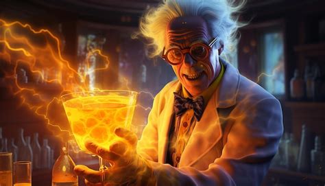 Premium AI Image A Mad Scientist Drinking A Orange Glowing Liquid In