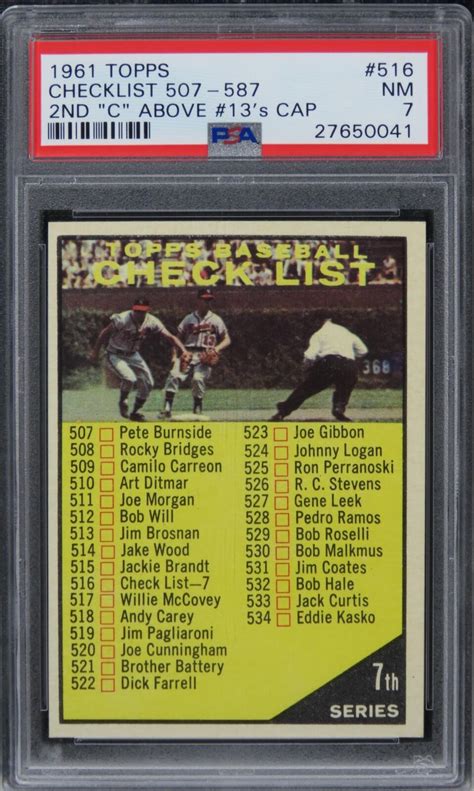 1961 Topps Checklist 507 587 2ND C ABOVE 13 S CAP 516 PSA 7 NM EBay