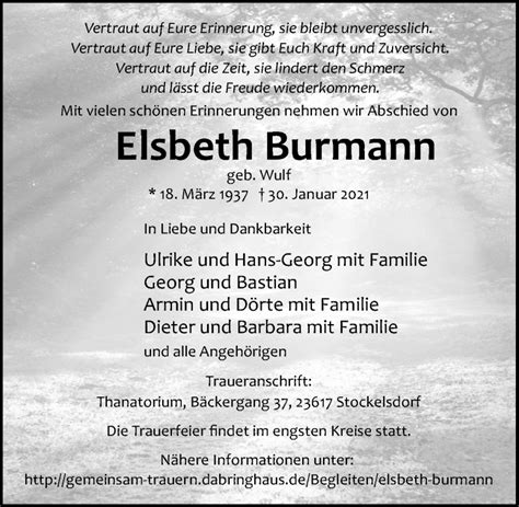 Traueranzeigen Von Elsbeth Burmann Trauer Anzeigen De