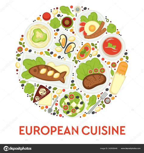 Food Europe European Cuisine Dishes Meals Desserts Vector Pasta Oysters
