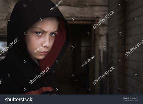 Portrait Homeless Child Against Background Abandoned Stock Photo ...