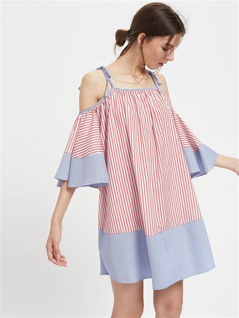 Tie Shoulder Striped Flute Sleeve Dress Shein Sheinside Simple