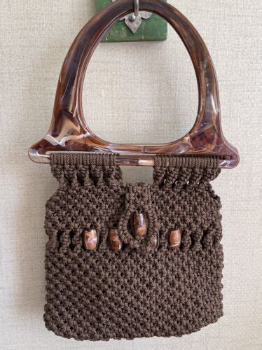 ☀️ Vintage Macrame Purse Tote Bag Crochet Handmade Lucite Marbled