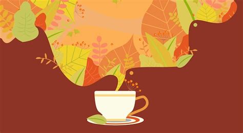 Taza de té de hierbas ilustrada con hermosas hojas de otoño que se