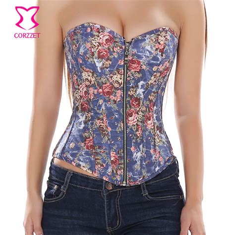 Cors Vaquero Azul Con Estampado Floral Para Mujer Traje Sexy De