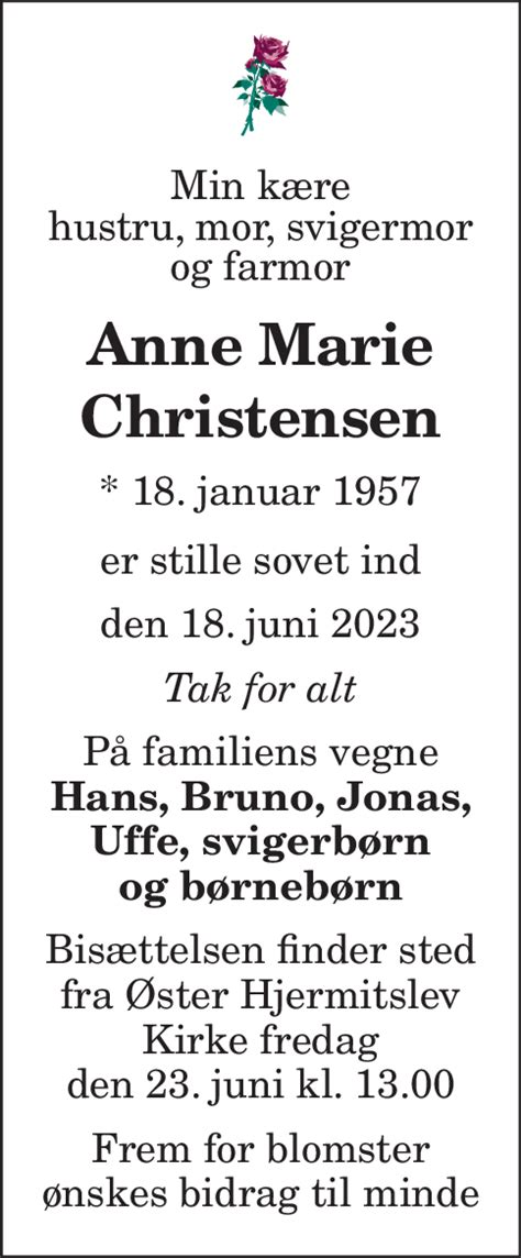 Dødsannonce for Anne Marie Christensen Nordjyske dk