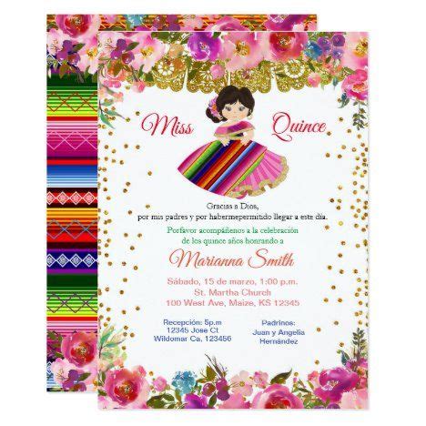 Pink gold Miss Quinceañera Mexican Invitation Mexican invitations