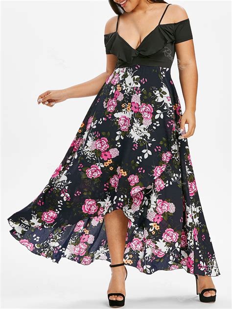 [37 Off] Plus Size Flower Print Open Shoulder Ruffle Tulip Dress Rosegal