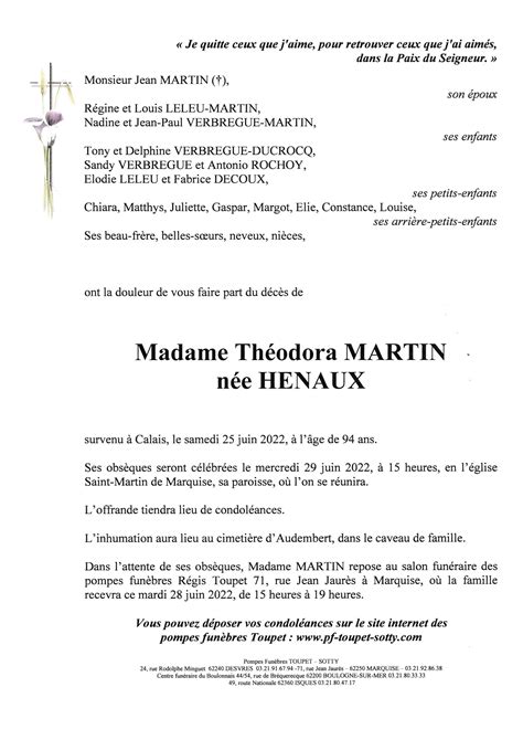 Madame Théodora MARTIN Pompes Funèbres Toupet Sotty