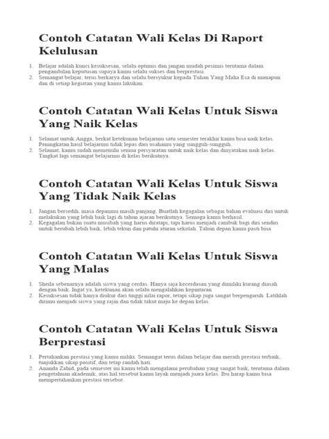 Contoh Catatan Wali Kelas Di Raport Kelulusan Pdf