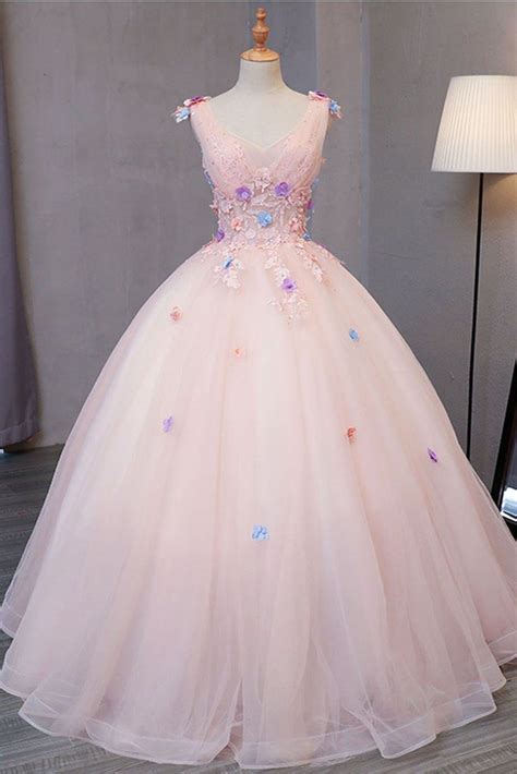 Pink Tulle Floor Length V Neck Long Sweet 16 Prom Dress Long 3d Flower