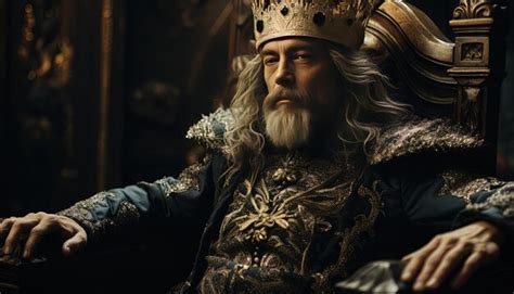 Premium Photo A Man With A Long Beard Sits In A Chair With A Crown On