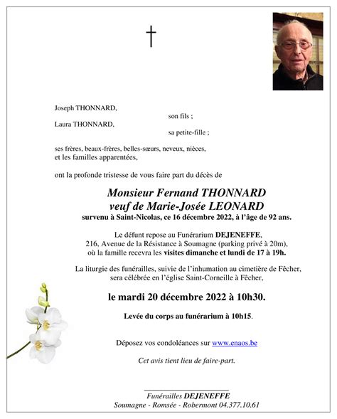 Décès De Monsieur Fernand Thonnard 16 12 22 Annonce Nécrologique