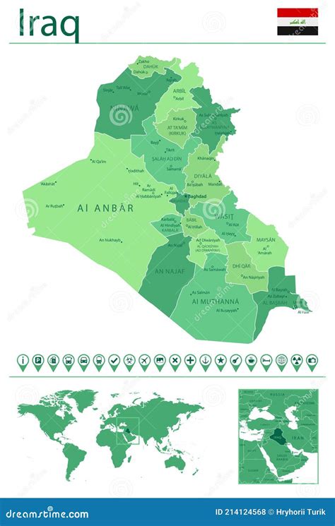 Iraq Detailed Map And Flag Iraq On World Map Stock Vector