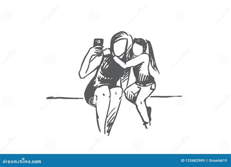 Selfie Mother Daughter Happy Concept Hand Drawn Isolated Vector