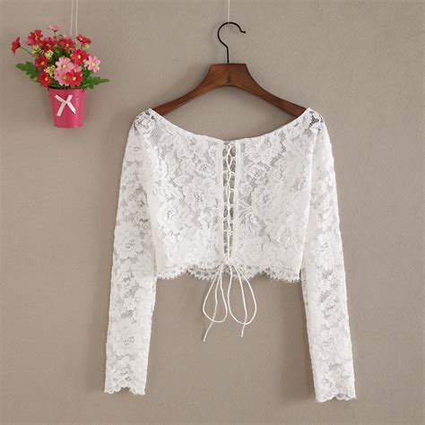 Boat Neck White Long Sleeve Off Shoulder Lace Blouse White Lace Crop