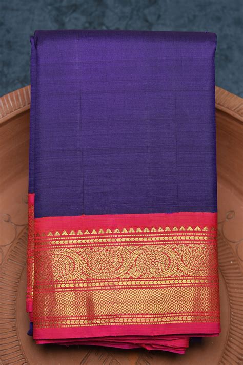 Traditional Korvai Border In Plain Navy Blue Kanchipuram Silk Saree Sundari Silks