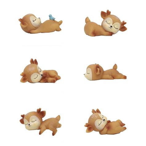 6 Pack Miniature Baby Deer Sleeping Figurines Toy Ornaments Decor