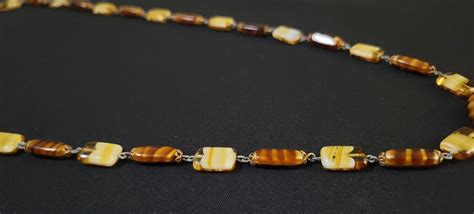 West Germany Brass Porphyry Glass Drop Necklace Gem