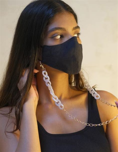 Buy Ayesha Metallic Gold Toned Chain Link Marble Grey Acrylic Mask