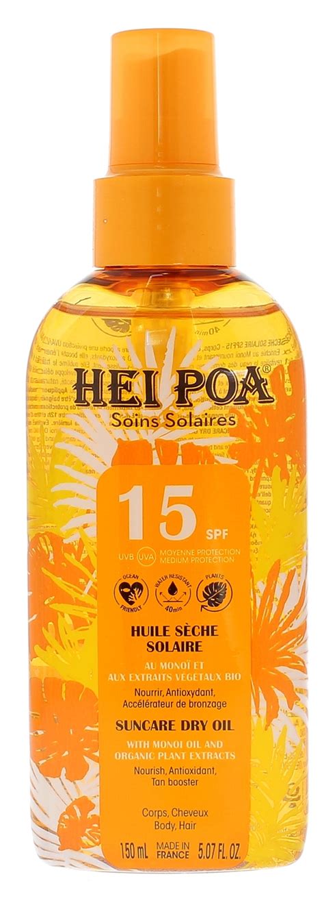 Huile sèche solaire SPF15 Hei Poa soin solaire corps et cheveux