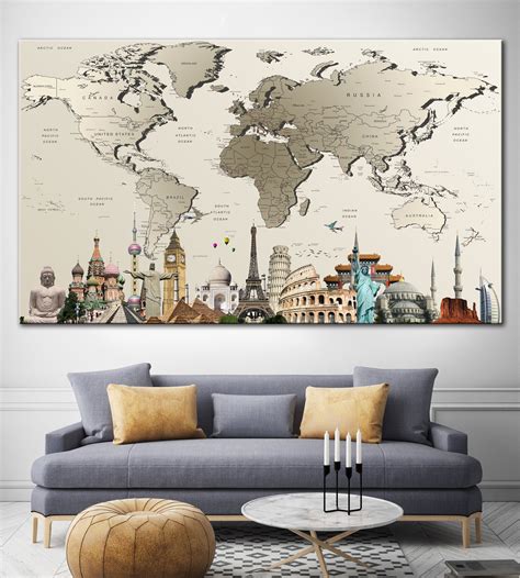Multi Panel World Map Wall Art Decor Silver World Map Print | Etsy