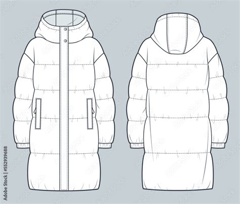 Unisex Puffer Coat Technical Fashion Illustration Hooded Quilted