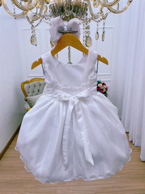 Vestido Infantil Branco La O Strass Aplique Flores Rosa Charmosa