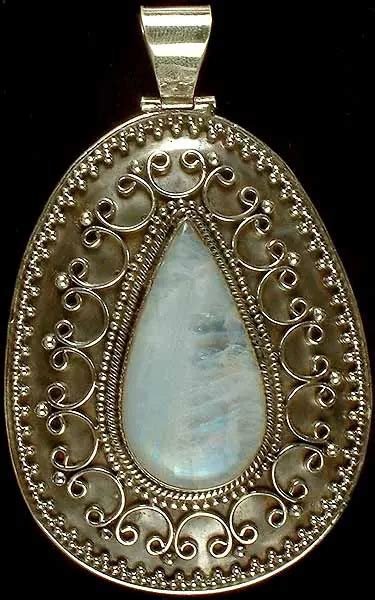 Rainbow Moonstone Inverted Teardrop Pendant Exotic India Art