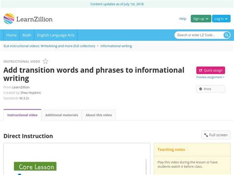 Learn Zillion Add Transition Words And Phrases To Informational Writing Instructional Video For