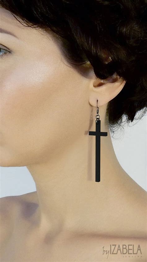 Long Matte Black Cross Earrings Elegant Minimalist Earrings