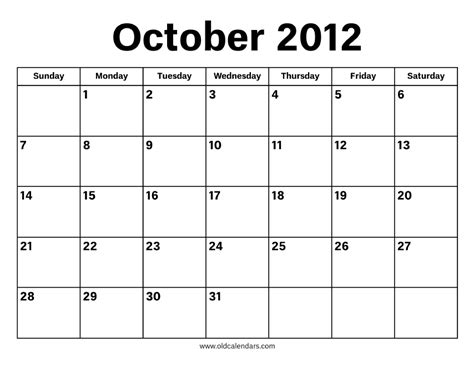 October 2012 Calendar Printable Old Calendars