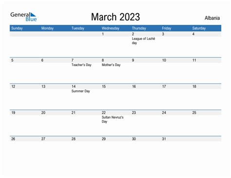 March 2023 Monthly Calendar With Albania Holidays