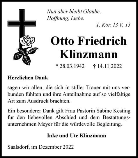 Traueranzeigen Von Otto Friedirch Klinzmann Trauer De