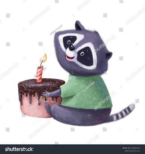 Cute Raccoon Birthday Cake Watercolor Illustration Stock Illustration