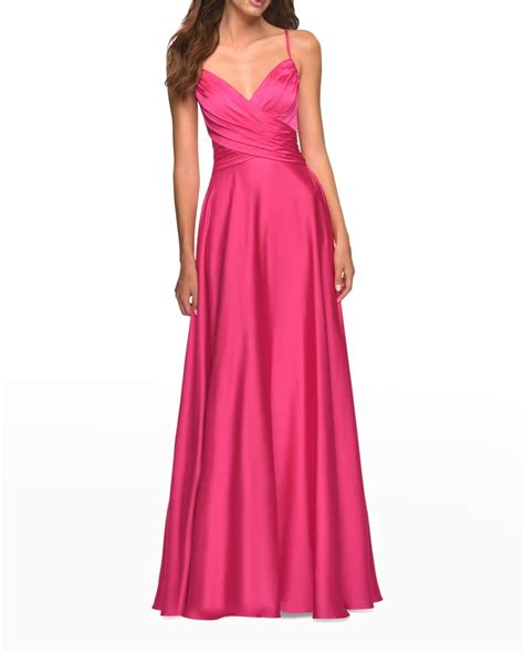 La Femme Ruched Bodice Tie Back Satin Gown Neiman Marcus