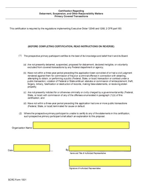 Fillable Online Scrc Form Debarment Suspension Certification