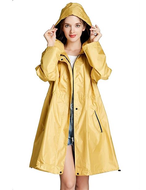 Womens Lightweight Waterproof Trench Rain Jacket With Hooded Zipper