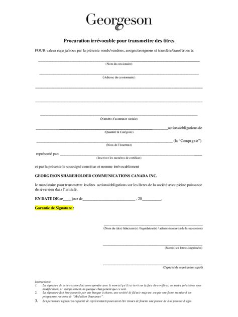 Fillable Online Procuration Irrvocable Pour Transmettre Des Titres Fax