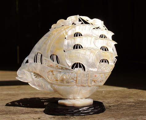 Chinese Mother Of Pearl Carved Shell Ship Carving Carved Shell