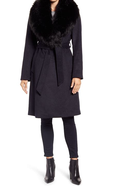 Ellen Tracy Wool Blend Wrap Coat With Removable Faux Fur Collar