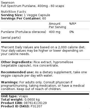 Swanson Full Spectrum Purslane 400mg 60 Vcaps