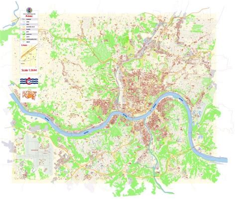 Cincinnati PDF Map Vector Ohio US Extra Detailed City Plan Scale 1 3664