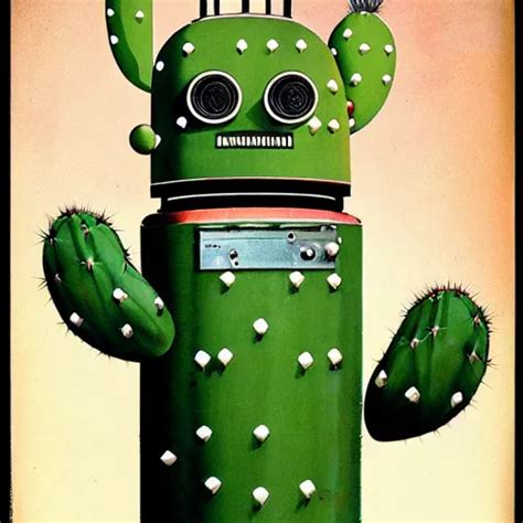 A Long Shot Of A 1950s Retro Cactus Robot With Space Stable Diffusion